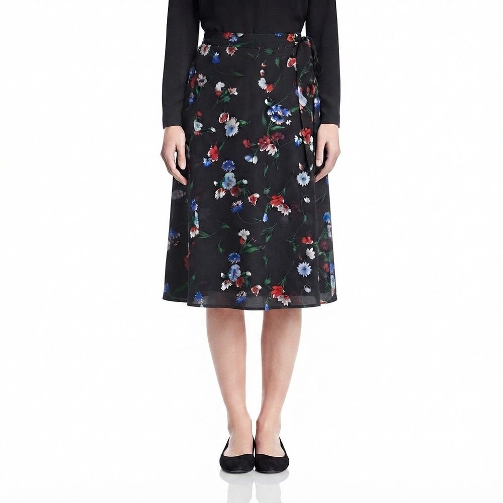 Chaps Skirt Womens 8 Floral Midi Skirt Navy Blue Chiffon A-Line